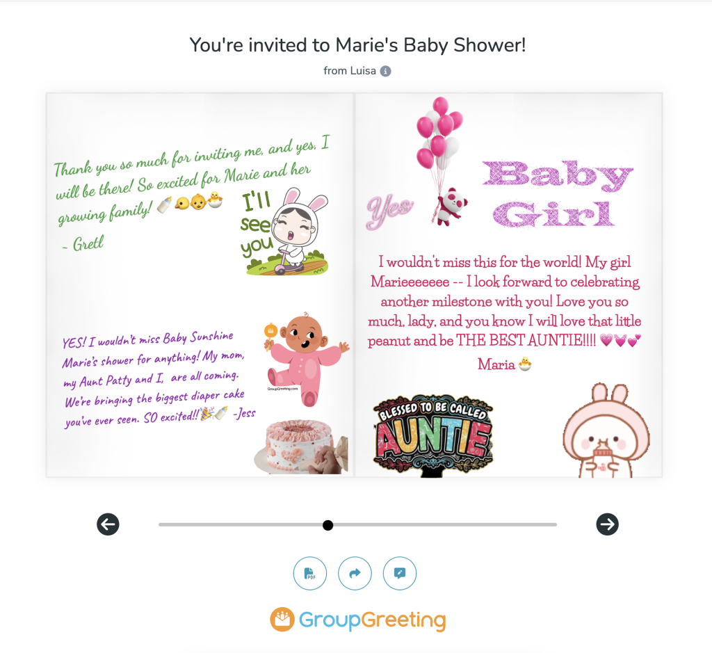GroupGreeting invitation with RSVP messages on the pages